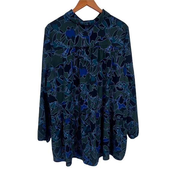 LOGO Lori Goldstein Tunic Shirt 2X Blue Green Floral Workwear Office Liquid Knit - Picture 3 of 9